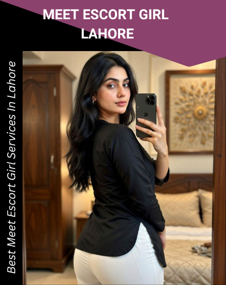 Elegant escort girl in Lahore posing in a luxury bedroom for premium escort service advertisement